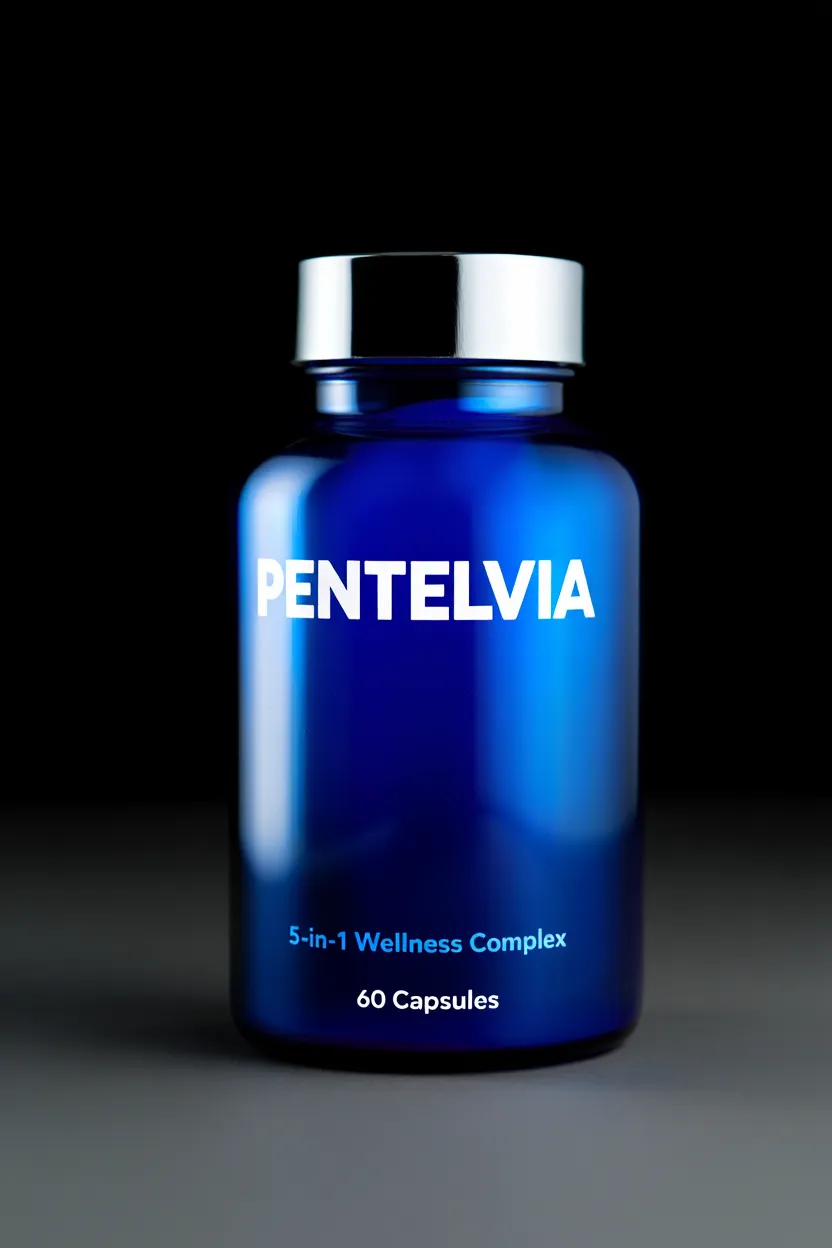 Pentelvia 5-in-1 Wellness Complex supplement bottle with blue gradient design showcasing premium quality packaging